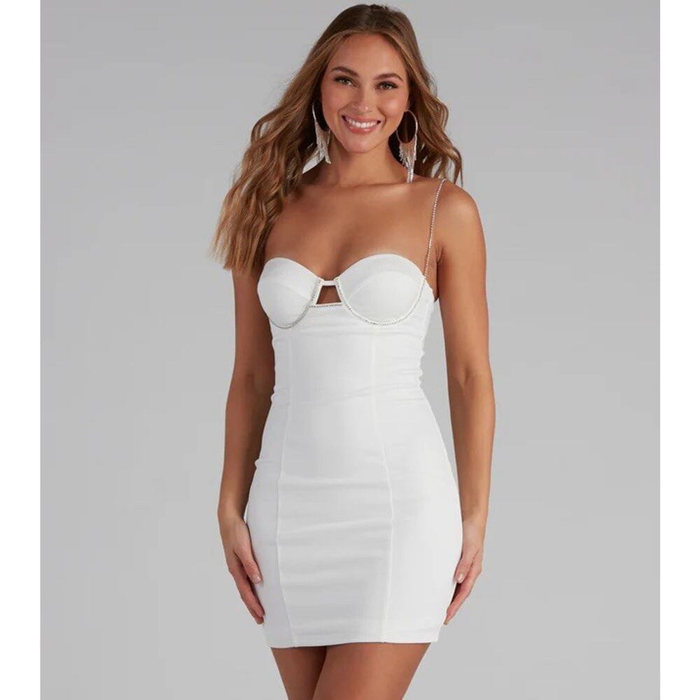 Windsor Bridal White Bustier Bodycon Mini Dress Rhinestone Straps Party Size L